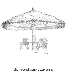 Sketch of parasol and chairs. Black and white vector illustration