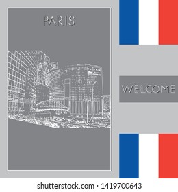 Sketch of Paris. Suitable for invitation, flyer, sticker, poster, banner, card, label, cover, web. Vector illustration.