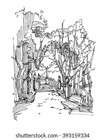 Sketch of park. Road in the park.