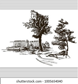 Sketch with park trees in toile de jouy stile,element,motive