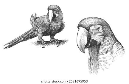 Sketch of parrot macaw head, sitting on branch, profile, realistic hand drawn, vector illustration isolated on white