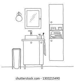 Sketch part of the bathroom. Washbasin, cabinets and other items. Vector
