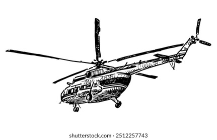 Bosquejo del helicóptero de pasajeros en vuelo, vista inferior, Ilustración vectorial realista dibujada a mano aislada sobre fondo blanco