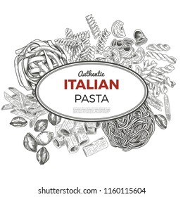 Sketch pasta banner, vector hand drawn illustration. Oval banner, poster, menu template
