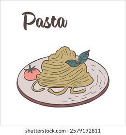 Sketch of pasta with basil, tomato and cheese on white background. Italian food. Dishes of Italian cuisine in doodle style. Italian noodles and spaghetti