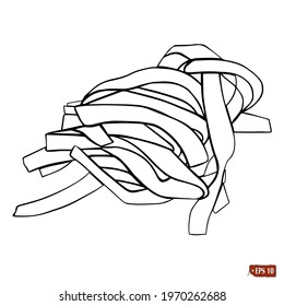 Sketch of a pasta fettuccini. Vector illustration italian food. Vintage hand drawn doodle style. Noodle shaped pasta of rolled up isolated on white background.