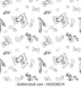 Sketch pasta pattern. Hand drawn seamless background with sketch style pasta and macaroni. Monochrome vector backdrop.
