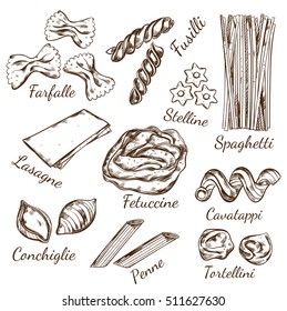 Sketch pasta types decorative icons set with hand drawn macaroni products of italian cuisine with captions vector illustration