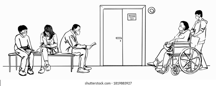 Sketch Patients Sitting Waiting Appointment Time at Hospital Illness People wearing protective masks. Vector illustration black line hand drawn