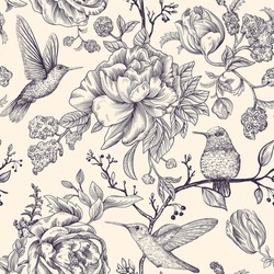 Sketch Pattern With Birds And Flowers. Monochrome Flower Design For Web, Wrapping Paper, Phone Cover, Textile, Fabric, Postcard