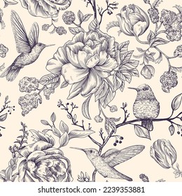 Sketch pattern with birds and flowers. Monochrome flower design for web, wrapping paper, phone cover, textile, fabric, postcard