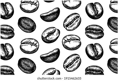 Patrón de esbozo de granos de café negros aislados en fondo blanco. Papel de escritorio, textil. Arte de línea, bebida, comida. Ilustración vectorial.