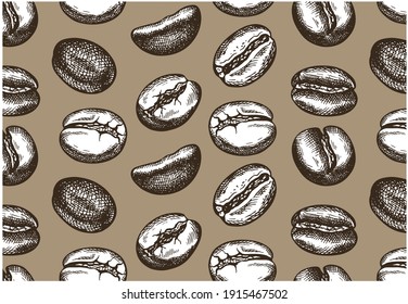 Sketch pattern of black and white coffee beans isolated on brown background. Wallpaper, textile. Line art, drink, food. Vector illustration.