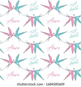 Sketch pattern on white background. Vector design illustration. Illustration isolated. Summer illustration. Textile design texture. Beautiful swallows illustration.