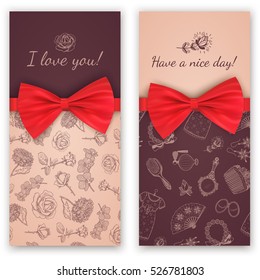 Sketch pattern and red ribbon bow. Nice day greeting card template. 