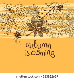 Sketch patterned autumn leaves on a yellow background. Creative autumn concept.