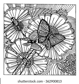 Sketch patterns of flowers. Flowers in the style of doodle. Butterflies of patterns. Daisies of the patterns.