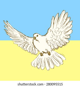 Sketch Peace Dove For Ukrainian War In Vintage Style, Vector