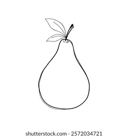 A sketch of a pear with leaves, hand-drawn, isolated on a white background, drawing with a marker, line, vector. Delicious ripe fruit for labels, decorations, and designs. Graphic black and white 