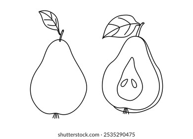 Sketch of a pear and sliced pear showcasing texture and shape on a white background