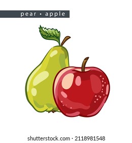 bocear peras y manzanas: dos frutos enteros 
sobre un fondo blanco, plano vectorial aislado