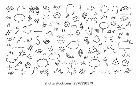 Esbozar elementos de diseño de la pluma. Pegatinas simples de pincel Doodle. Burbuja de voz dibujada a mano, signos decorativos, icono de efectos emocionales. Estrellas, flecha, brillo, forma de línea. Conjunto de vectores, conjunto aislado de esbozo de arte