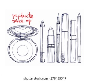 sketch pen. set of decorative cosmetics - powder, lipstick, lip gloss, pencil and liner. vector illustration for cosmetic banners, brochures and promotional items