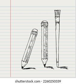 Sketch pencil and brush icon on paper background, vector illustration