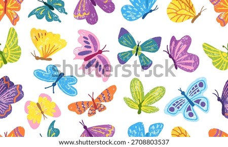 Sketch pencil butterfly seamless pattern. Butterflies children style drawn with bright ornaments. Isolated flying summer spring insects neoteric vector background