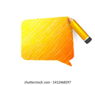 Sketch pencil drawing. Hand drawn speech bubble on white background. Colorful doodles banner with shading of orange crayon and place for message. Cloud of scribble, lines stroke