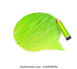 Sketch pencil drawing. Hand drawn speech bubble on white background. Colorful doodles banner with shading of green crayon and place for message. Cloud of scribble, lines stroke
