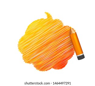 Sketch pencil drawing. Hand drawn speech bubble on white background. Colorful doodles banner with shading of orange crayon and place for message. Cloud of scribble, lines stroke