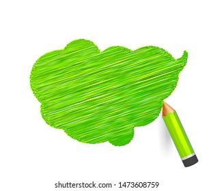 Sketch pencil drawing. Hand drawn speech bubble on white background. Colorful doodles banner with shading of green crayon and place for message. Cloud of scribble, lines stroke