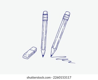 Sketch pencil and eraser icon in doodle style, vector illustration