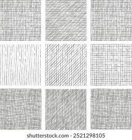 Sketch pencil hand drawn texture set. Vector backgrounds of black scribble pen hatch, grunge handmade pencil lines, scratches,strokes, doodles