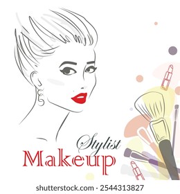 Sketch with pencil and paints. Girl with makeup brushes. Banner for a beauty salon