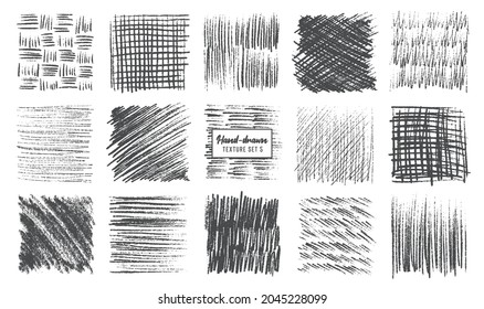 Sketch Bleistift Textur Set. Pen-Luke-Effekt, schwarz-Schreib-Kreide, Grunge-Freehe und Vektor. Handgefertigte Bleistiftlinien, Striche, Doodles und Kratzer.