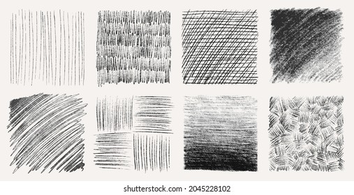 Sketch Pencil Texture Set. Pen Hatch Effect, Black Scribble Chalk, Grunge Freehand Vector. Handmade Pencil Lines, Strokes, Doodles And Scratches.