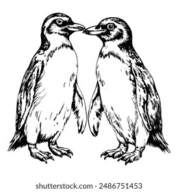 Sketch of a penguin couple touching beaks, on a white background