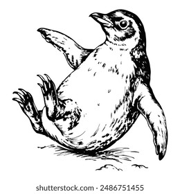 Sketch of a penguin with flippers outstretched, top view, on a white background