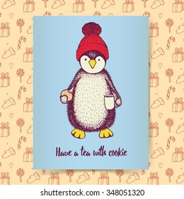 Sketch penguin in hat with cup of tea and cookie in vintage style, vector Christmas poster template