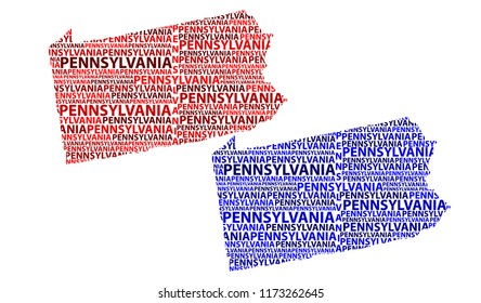 Sketch Pennsylvania (United States of America) letter text map, Pennsylvania map - in the shape of the continent, Map Commonwealth of Pennsylvania - red and blue vector illustration