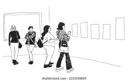 Sketch People at Art gallery museum exhibition looking at paintings   artworks doodle hahd drawn line vector illustration