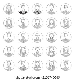 Sketch of people avatars set for default social media profile picture. Young and energetic startup man woman. Line art vector illustration design.