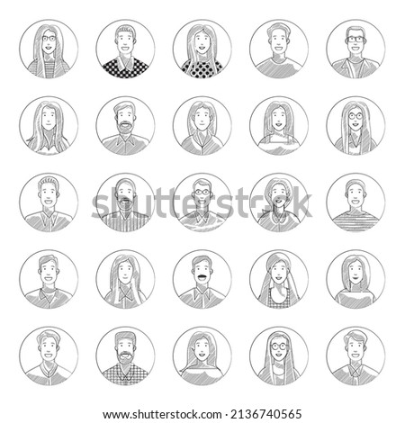 Sketch of people avatars set for default social media profile picture. Young and energetic startup man woman. Line art vector illustration design.