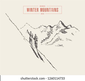 Sketch of people climb the mountain in winter, mountaineering, active recreation, ski, hand drawn vector illustration