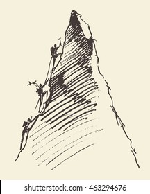 Sketch Of A People Climbing On A Mountain Peak, Vector Illustration