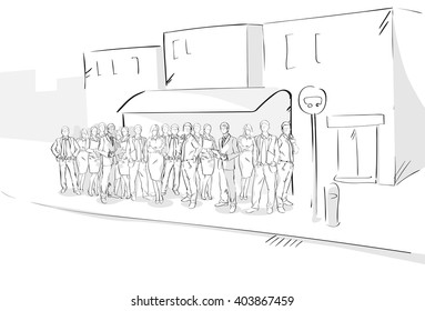 Sketch People Crowd Street Bus Station Hand Drawn Outdoors Vector Illustration