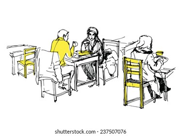 sketch of people having lunch in the cafe