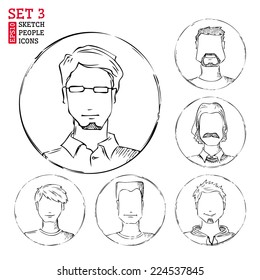 Sketch people icons. Men hand-drawn round avatars isolated on white background.